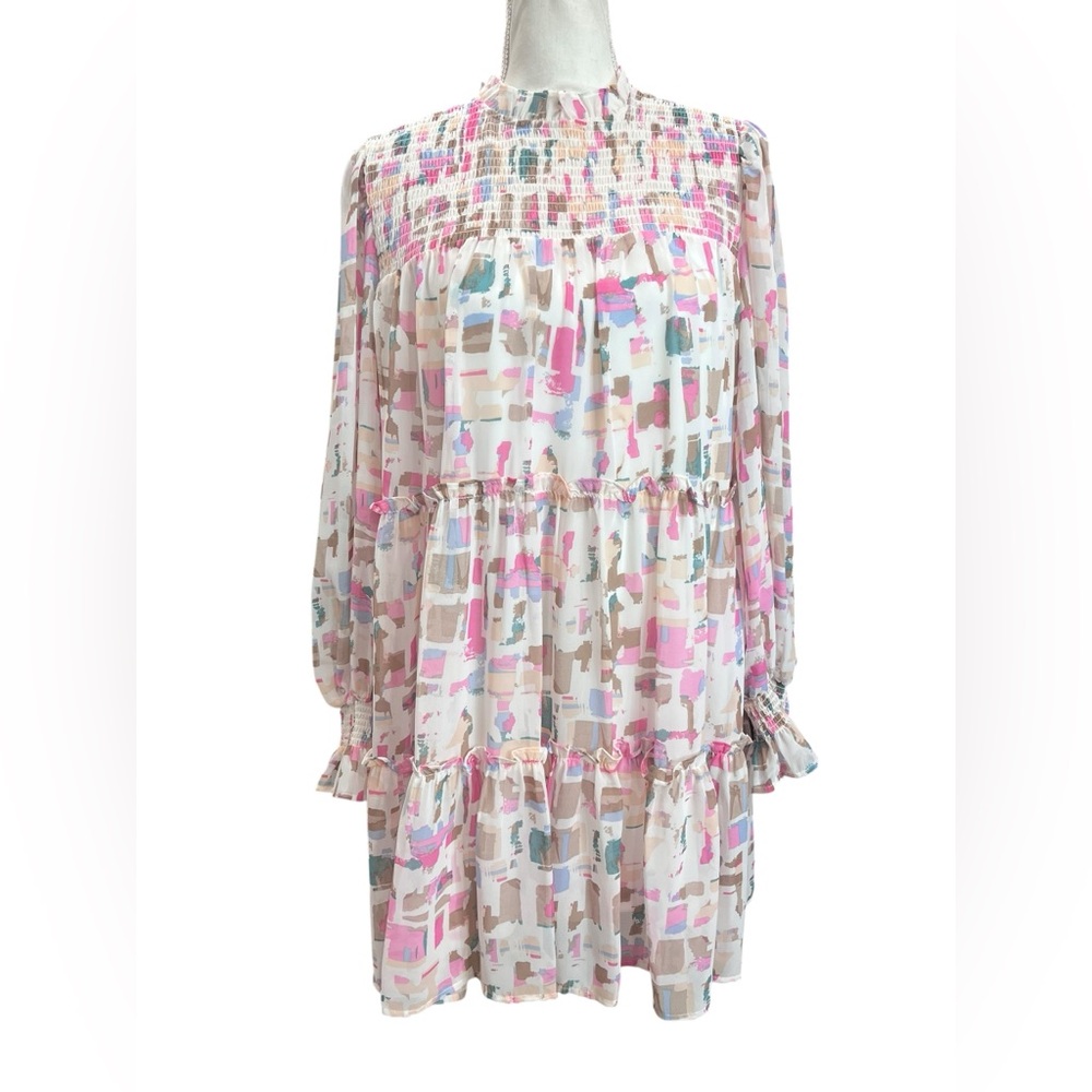 Entro Pink Abstract Print Smocked Tiered Ruffle Long Sleeve Mini Dress Medium - Picture 3 of 11